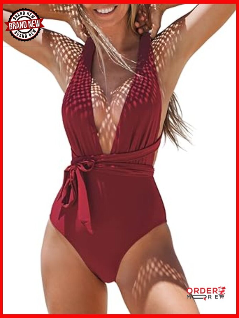 Sexy Deep V Neck Wrap Tie Cross Back One Piece Swimsuit Bathing Suit
